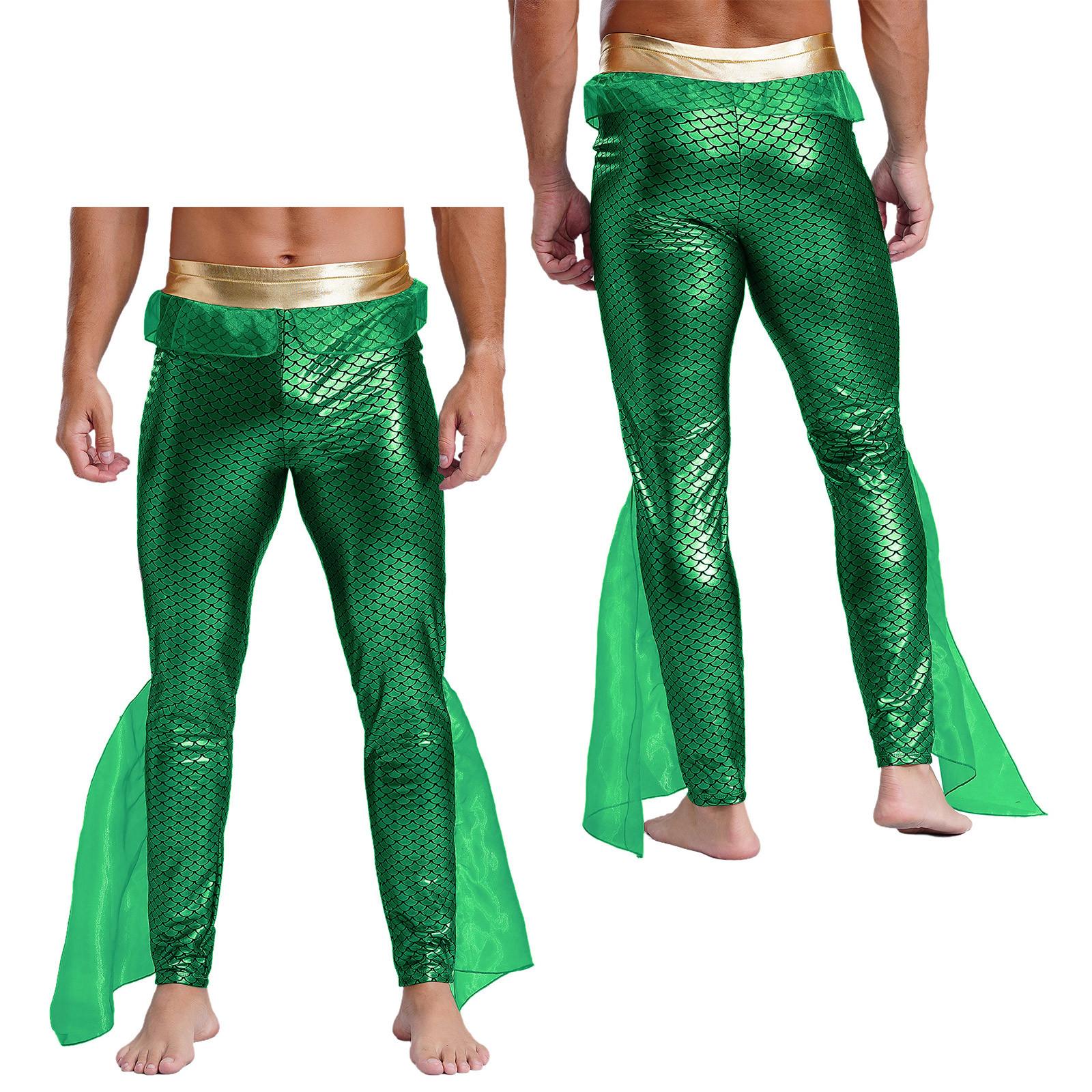 Manyakai Heren zeemeermin broek koning van de zee kostuum elastische taille metallic glanzende visschubben print panty's leggings voor Halloween cosplay S groen