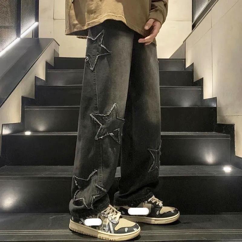 VIYOO Dames Heren Y2K-kleding Ster Baggy Jeans Amerikaanse stijl High Street Borduurbroeken Koreaanse modekleding Dweilbroeken voor heren S zwart