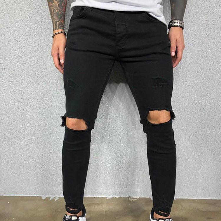 Cloth W Versleten kniegaten elastische skinny jeans heren gescheurde biker denim broek effen gewassen streetwear zwarte pantalones hombre joggers XL zwart