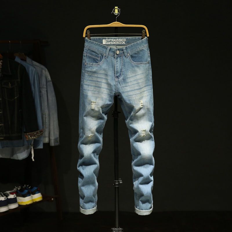 WTEMPO Jeans Heren Slim Straight Losse Mid-waist Gescheurde Denim Broek Retro Jeans 38