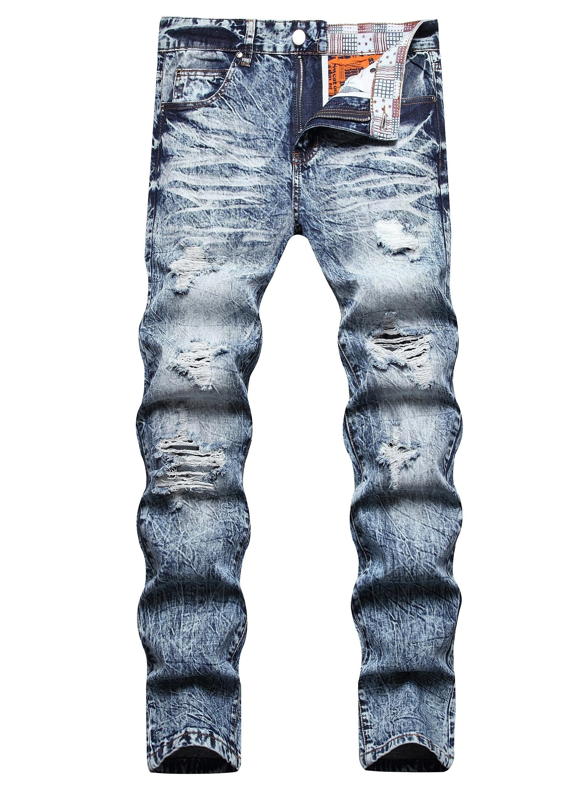 WTEMPO Heren jeans met gescheurde, versleten katoenmix, chique streetstyle slim fit broeken voor heren, alle seizoenen 36 blauw