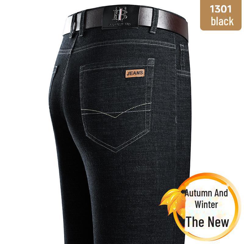 Top Men Wardrobe Purkey Kangaroo elastische rechte jeans voor heren - dikke denim voor herfst/winter, zakelijke casual stijl Size 36 zwart