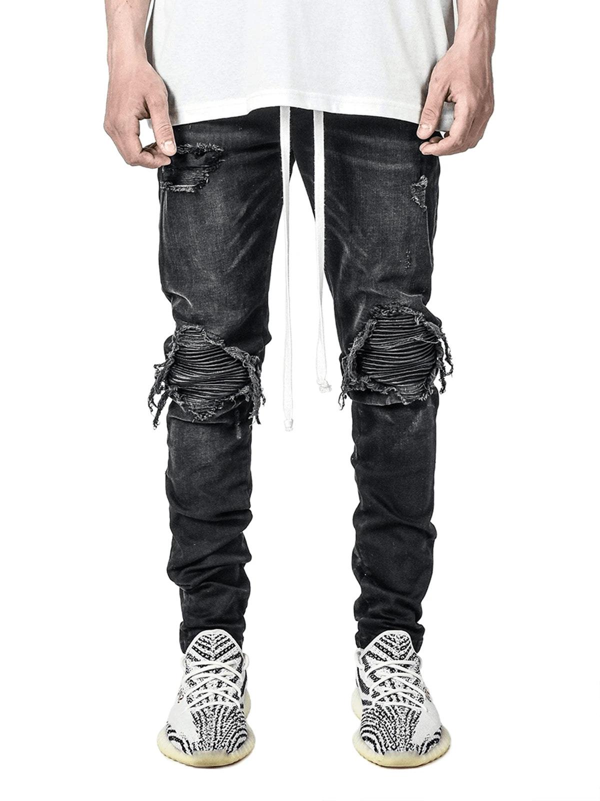 Top Men Wardrobe Trendy Europese stretchmotorbroek met zwarte scheuren voor heren M zwart