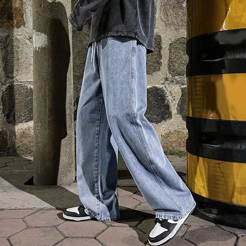 DOKI Lente Herfst Rechte Pijpen Losse High Street Broeken Heren Baggy Jeans Elastische Taille Classi Rechte Pijpen Denim Wijde Pijpen Broek Mannelijk L blauw