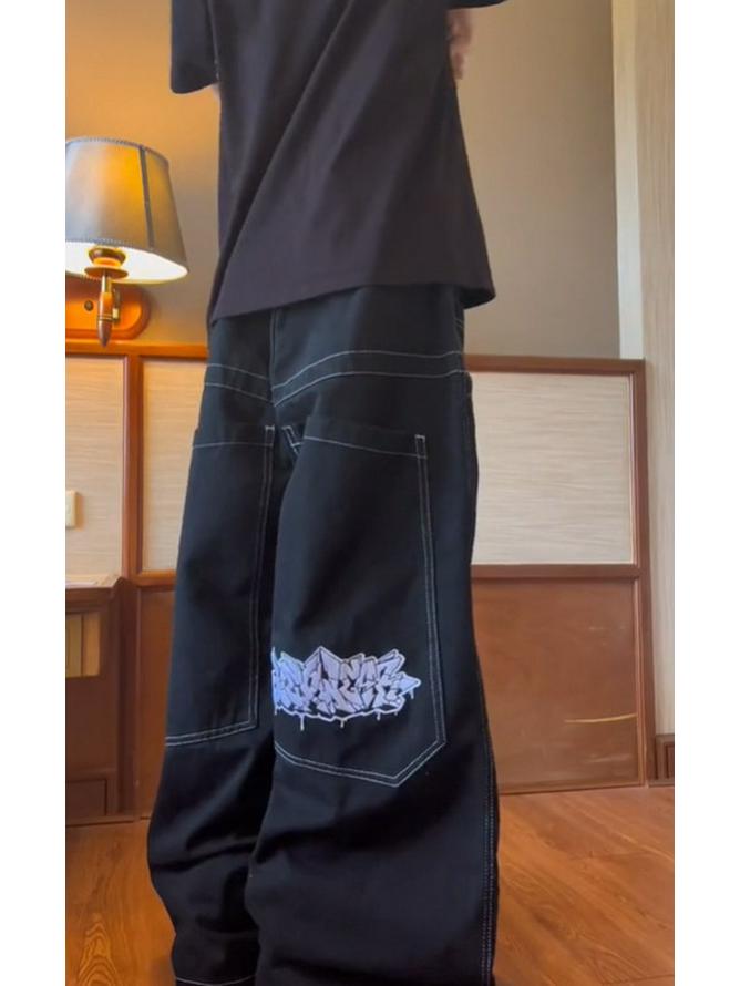 StrideBox Geborduurde Y2K baggy hiphopjeans met wijde pijpen voor heren S
