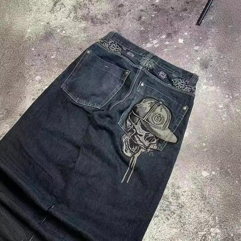 StrideBox Heren Jeans met Skull Print Wijde Pijpen - Blauw Amerikaanse Streetstyle S