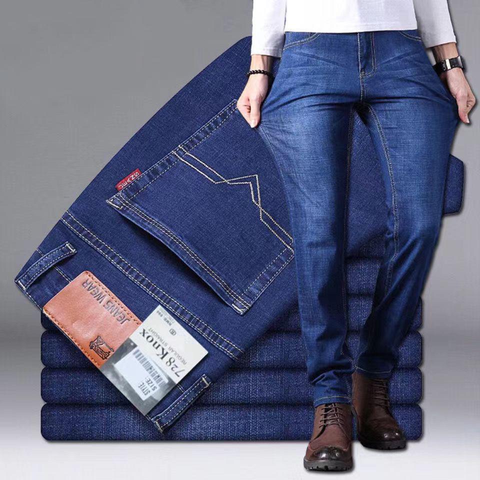 LIngzhi Lente Herfst Heren Pure Zwarte Slim Jeans Elastische Rechte Broek Zakelijke Mode Vrijetijdsbesteding Koreaanse Vintage Denim Broek Mannelijk 34 pauwblauwe kleur