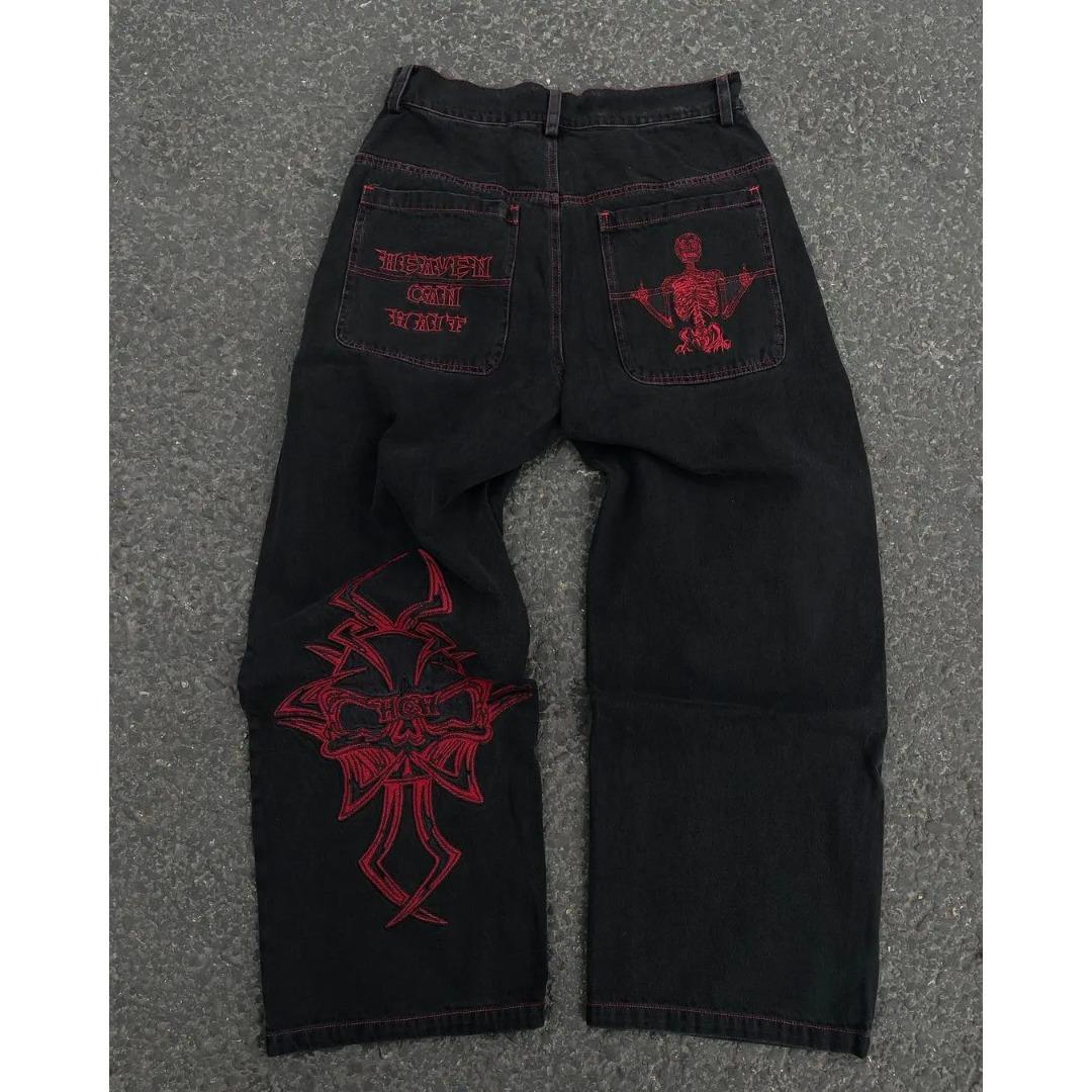 Kuake Duan Y2K Jeans Heren Hip Hop Retro Schedel Borduren Gewassen Baggy Denim Broek Nieuwe Rechte Casual Losse Wijde Pijpen Broek streetwear L