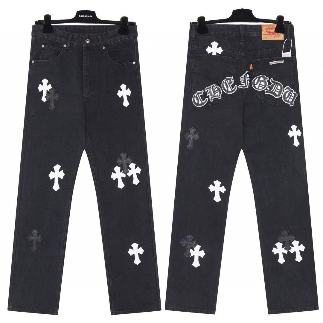 Chrome Hearts 9903  Heren- en Damesjeans in Amerikaanse stijl, trendy, met stoffen patches, casual en modieuze high street broek 36