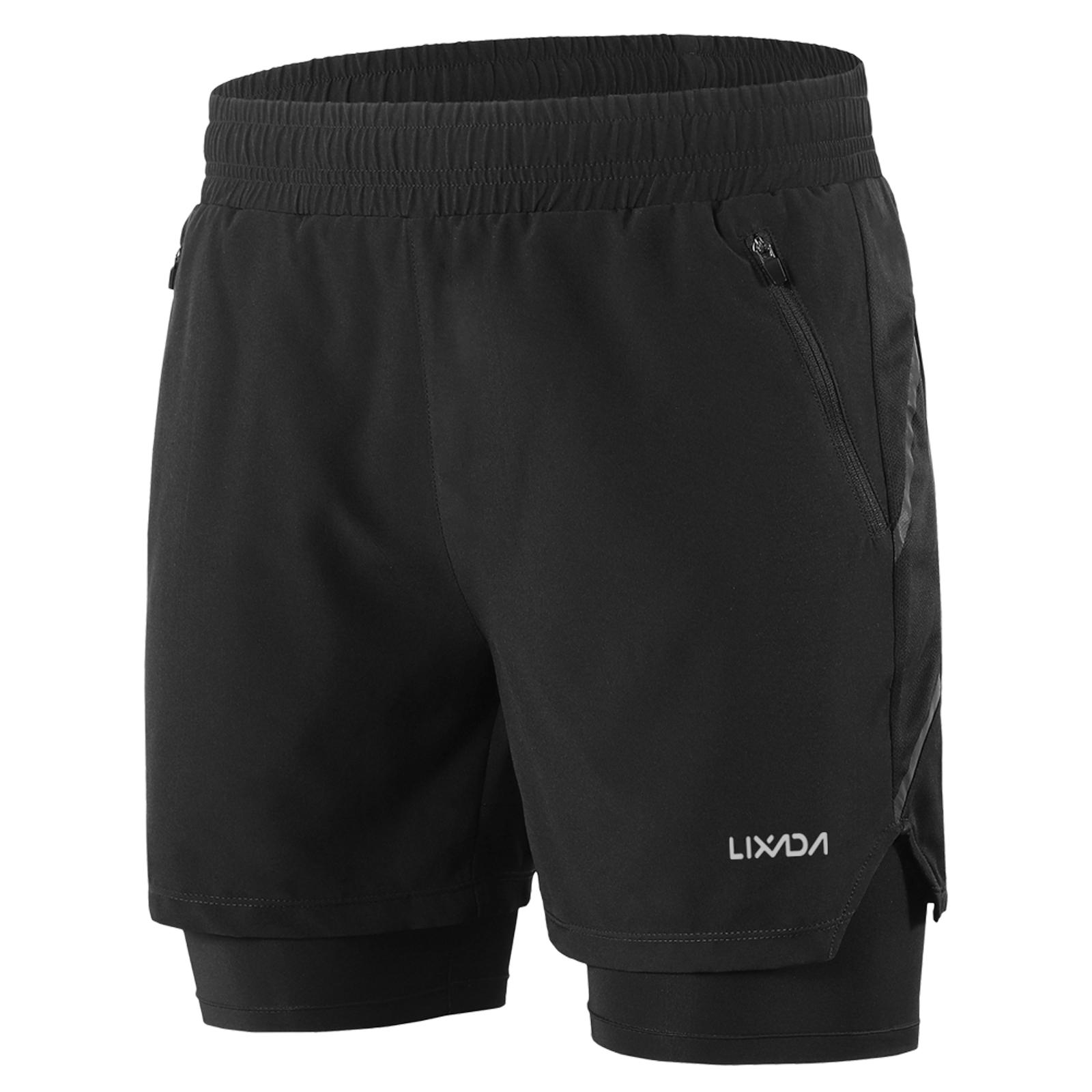 Lixada Heren 2 in 1 hardloopshort Sneldrogend Ademend Actieve trainingsoefening Jogging Marathon M zwart