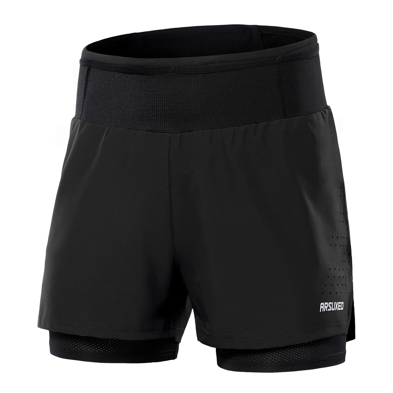 TOMTOP JMS Heren 2 in 1 hardloopshorts Atletische shorts met hoge taille Sportshorts Trainingsshorts met zakken voor L zwart