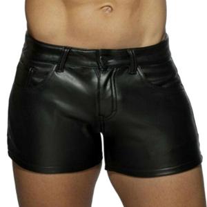 Western Cool Men Shorts voor heren, kunstleer, effen kleur, zachte knoop, ritssluiting, zakken, gladde, slanke pasvorm, middentaille, grote maten, partyclub, minishorts XL zwart
