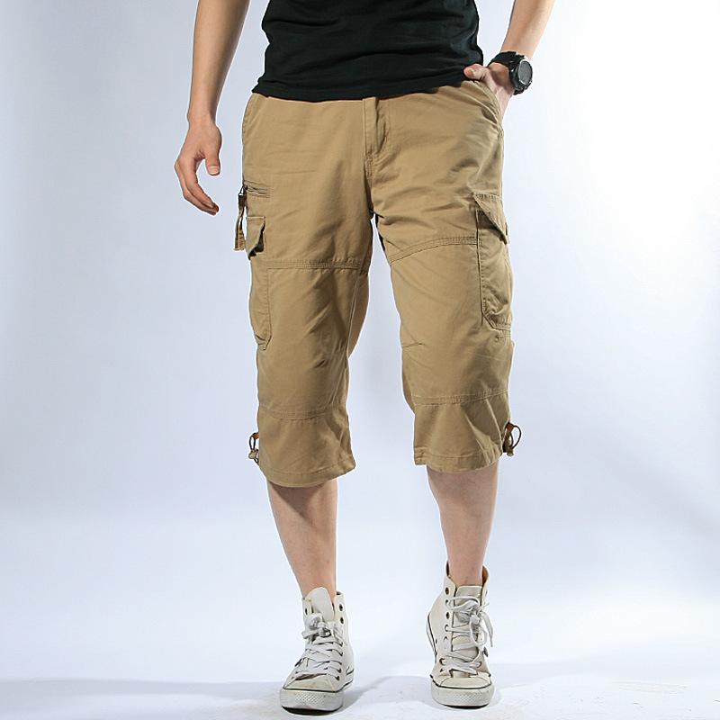 Cloth W Zomer Heren Cargo Shorts Knie Zak Casual Plus Maten Elastische Taille Stijl Katoenen Capri Broek 5XL kaki