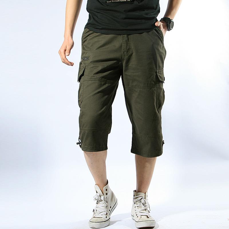 Cloth W Zomer Heren Cargo Shorts Knie Zak Casual Plus Maten Elastische Taille Stijl Katoenen Capri Broek XL legergroene kleur