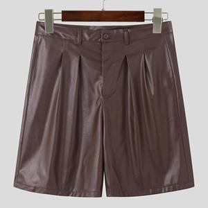 INCERUN Heren Rits PU Leer Shorts Casual Halve Korte Broek 5XL bruin