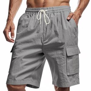 Fashion human Werkshort met meerdere zakken heren sportief casual los effen linnen trekkoord driekwart broek M grijze kleur