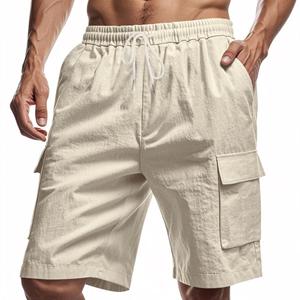 Fashion human Werkshort met meerdere zakken heren sportief casual los effen linnen trekkoord driekwart broek XXXL kaki