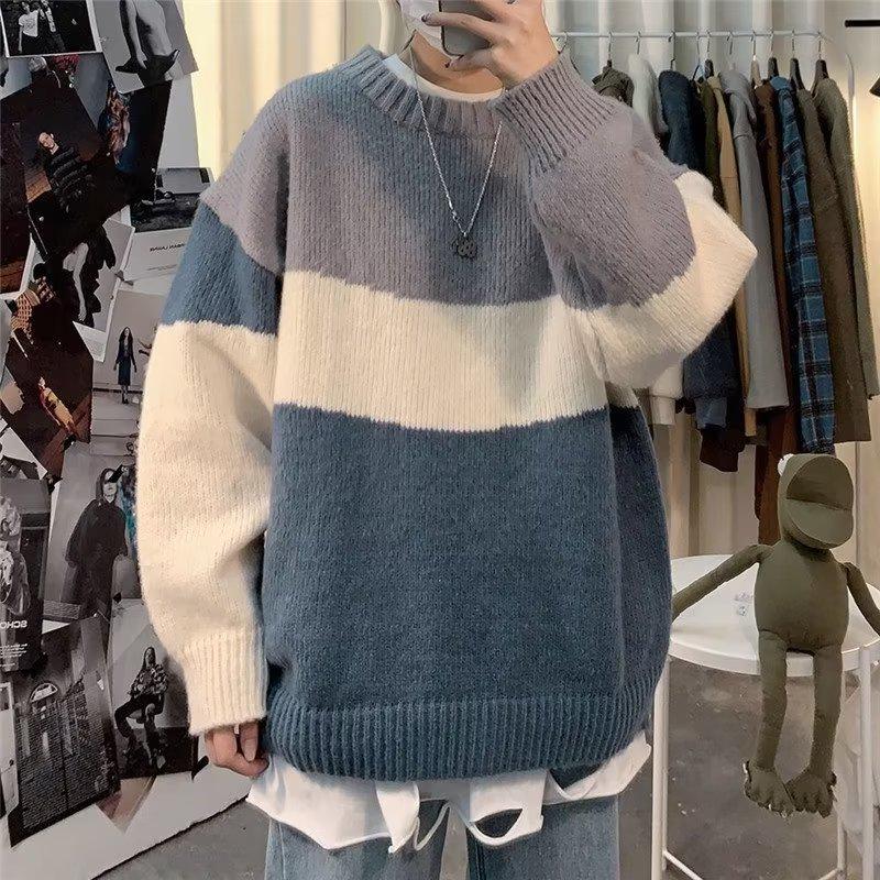 StrideBox 2022 Colorblock Round Neck Sweater: Men's Retro Knitted Pullover, Loose Fit, Autumn/Winter Style M blauw