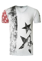 Rusty Neal USA T-shirt met sterren en strepen en V-hals in gebruikte look