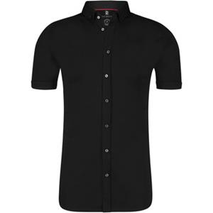 desoto Heren Overhemd Korte Mouw Jersey Button-down Zwart Slim Fit