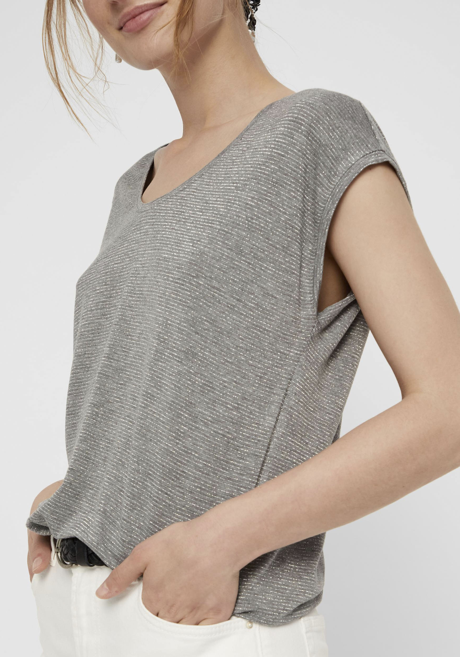 Pieces T-Shirt, feine Glitzerstreifen, überschnittene Schultern, für Damen, LIGHT GREY