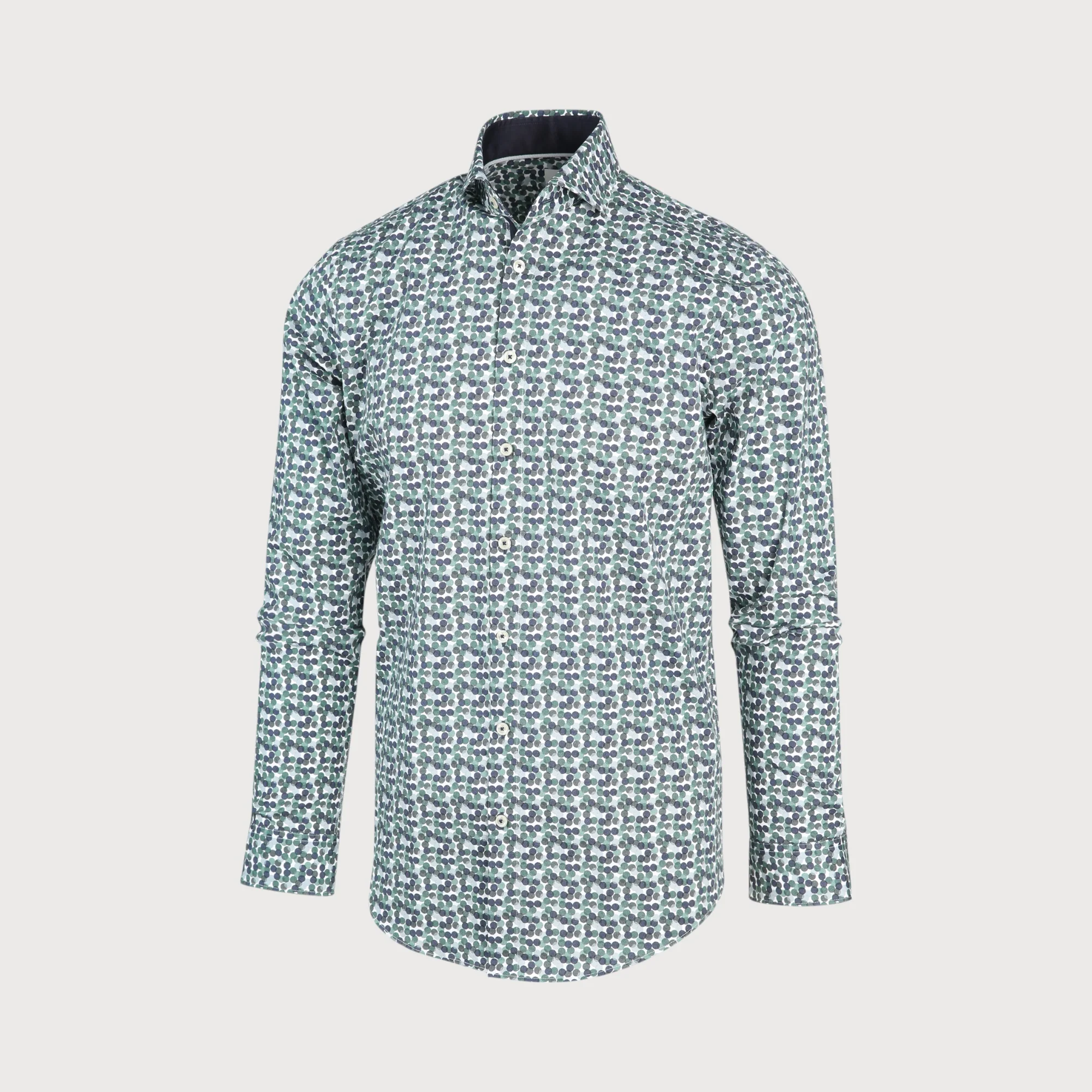 blueindustry Blue Industry Heren Overhemd Wit Groene Stippen Print Perfect Fit