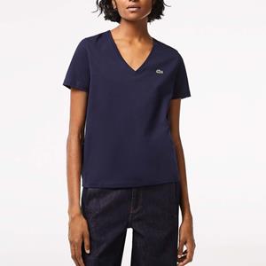 Lacoste Damen-T-Shirt aus Baumwolle mit V-Ausschnitt - Navy Blau 