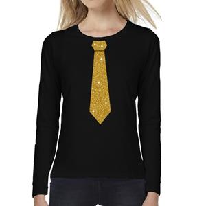 Bellatio Stropdas goud glitter long sleeve t-shirt zwart voor dames- Zwart