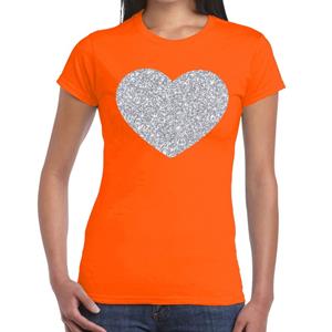 Bellatio Zilveren hart glitter t-shirt Oranje