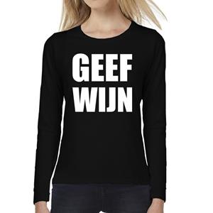 Bellatio Geef Wijn tekst t-shirt long sleeve Zwart