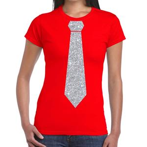 Bellatio Rood fun t-shirt met stropdas in glitter zilver dames
