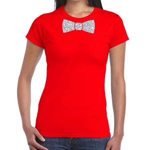 Bellatio Rood fun t-shirt met vlinderdas in glitter zilver dames - shirt met strikje