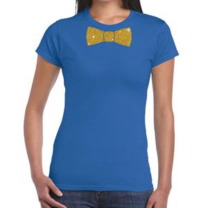 Bellatio Blauw fun t-shirt met vlinderdas in glitter goud dames