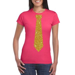 Bellatio Roze fun t-shirt met stropdas in glitter goud dames