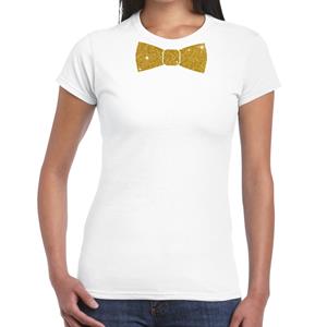 Bellatio Wit fun t-shirt met vlinderdas in glitter goud dames