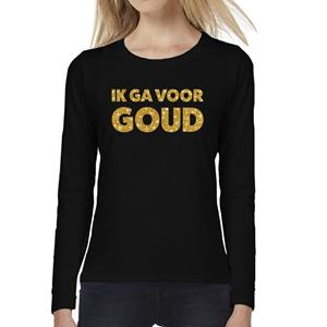 Bellatio Ik ga voor GOUD glitter tekst t-shirt long sleeve zwart voor dames- Zwart