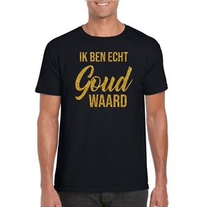 Bellatio Ik ben echt goud waard fun tekst t-shirt / kleding met gouden glitters op Zwart
