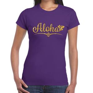 Bellatio Aloha goud glitter hawaii t-shirt Paars