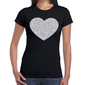 Bellatio Zilveren hart glitter t-shirt Zwart
