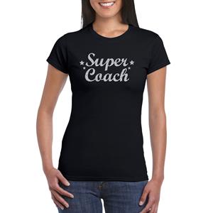 Bellatio Super Coach cadeau t-shirt met zilveren glitters op zwart voor dames - Bedankt cadeau voor een coach