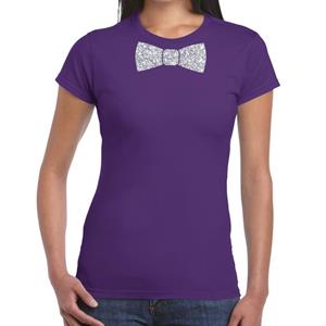 Bellatio Paars fun t-shirt met vlinderdas in glitter zilver dames - shirt met strikje