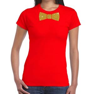 Bellatio Rood fun t-shirt met vlinderdas in glitter goud dames