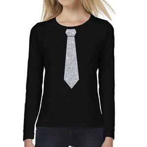 Bellatio Stropdas zilver glitter long sleeve t-shirt zwart voor dames- Zwart