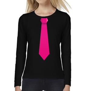 Bellatio Stropdas fuchsia roze long sleeve t-shirt zwart voor dames- Zwart