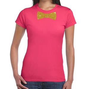 Bellatio Roze fun t-shirt met vlinderdas in glitter goud dames