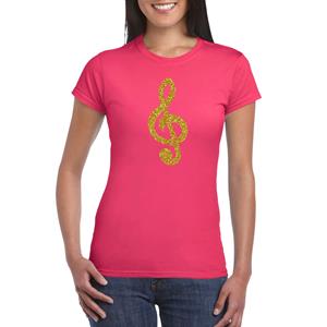 Bellatio Gouden muziek noot G-sleutel / muziek feest t-shirt / kleding - Roze