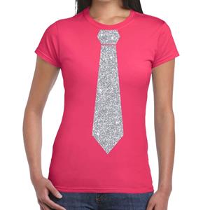 Bellatio Roze fun t-shirt met stropdas in glitter zilver dames