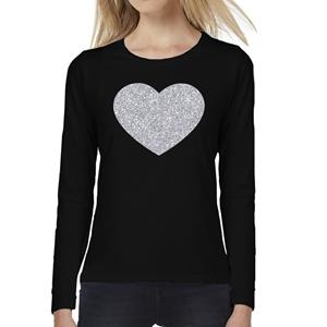 Bellatio Hart van zilver glitter t-shirt long sleeve zwart voor dames- Zwart
