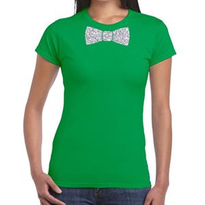 Bellatio Groen fun t-shirt met vlinderdas in glitter zilver dames - shirt met glitterstrikje