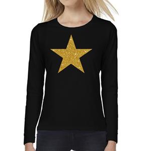 Bellatio Ster van goud glitter t-shirt long sleeve zwart voor dames- Zwart